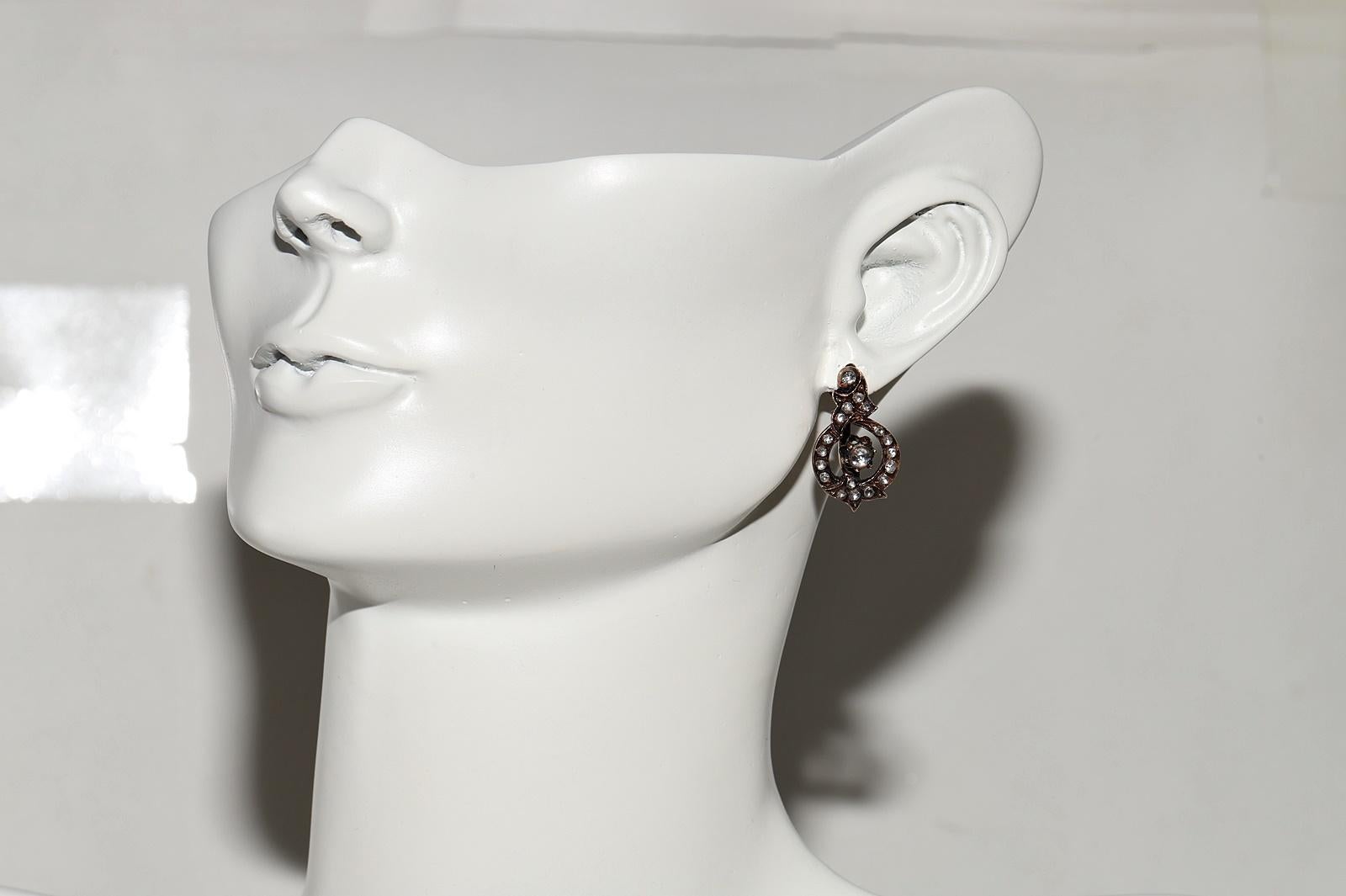 Antique Circa 1900s Ottoman 8k Gold Natural Rose Cut Diamond Decorated Earring For Sale 8