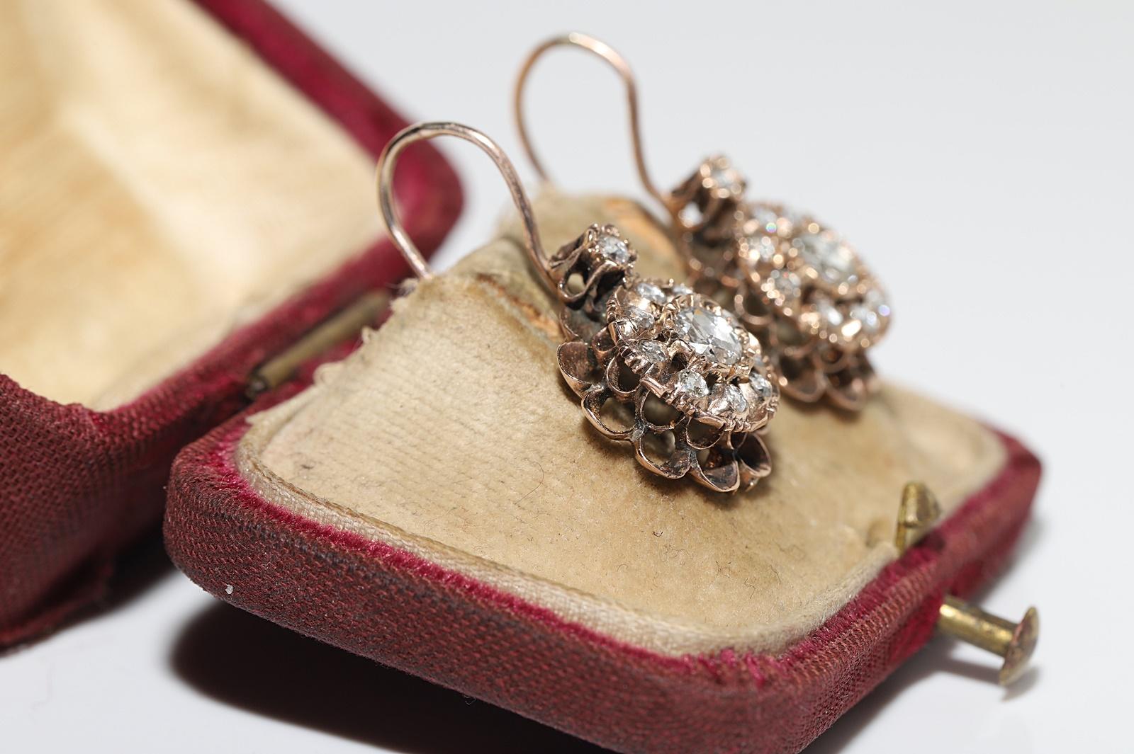 Victorian Antique Circa 1900s Ottoman 8k Gold Natural Rose Cut Diamond Decorated Earring For Sale
