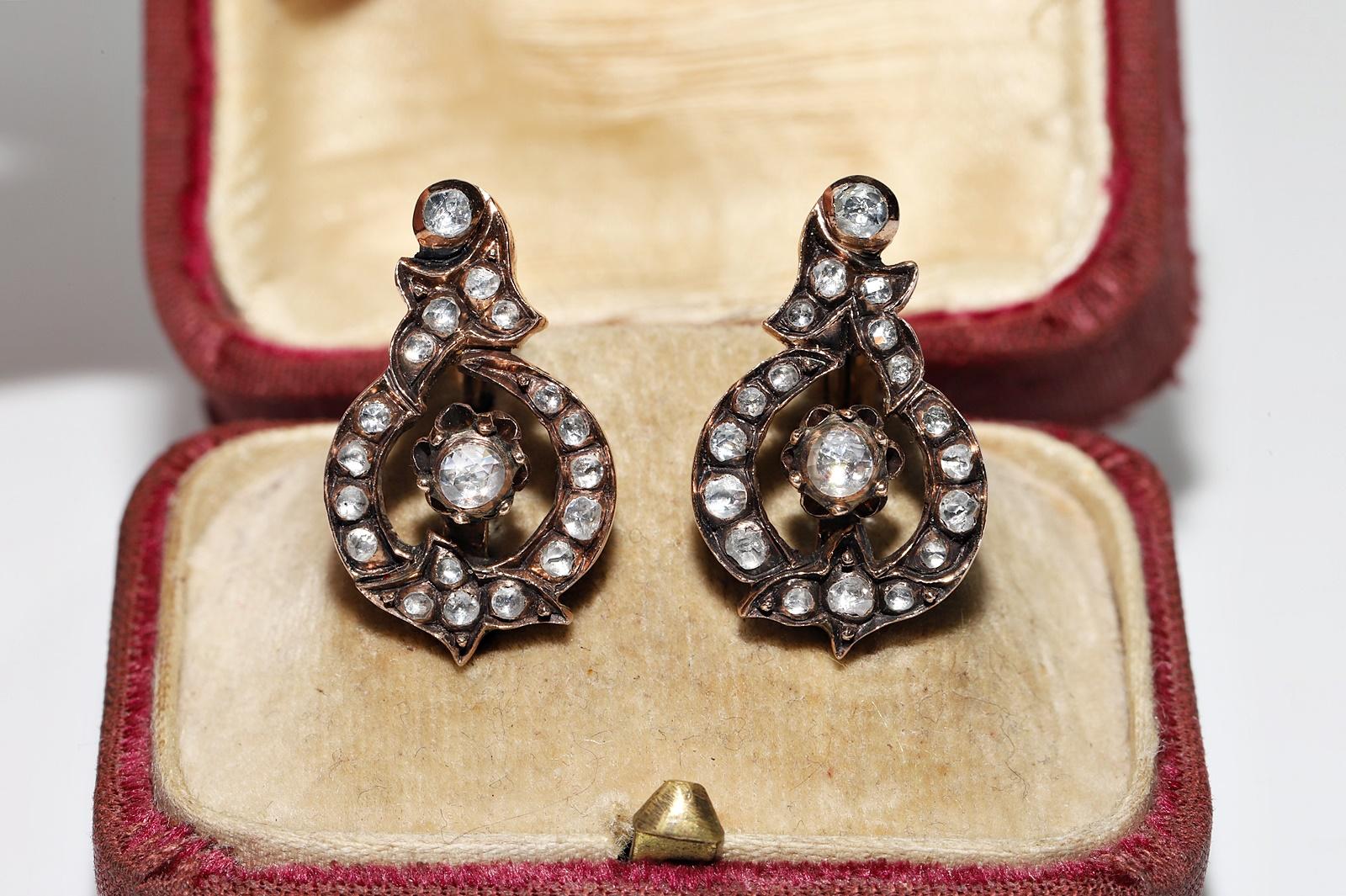 Victorian Antique Circa 1900s Ottoman 8k Gold Natural Rose Cut Diamond Decorated Earring For Sale