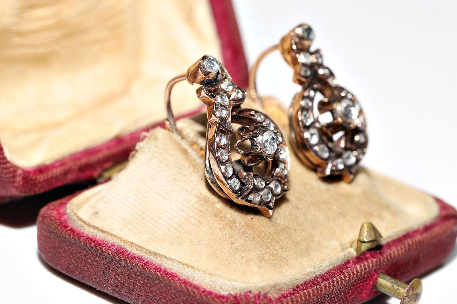 Antique Circa 1900s Ottoman 8k Gold Natural Rose Cut Diamond Decorated Earring In Good Condition For Sale In Fatih/İstanbul, 34