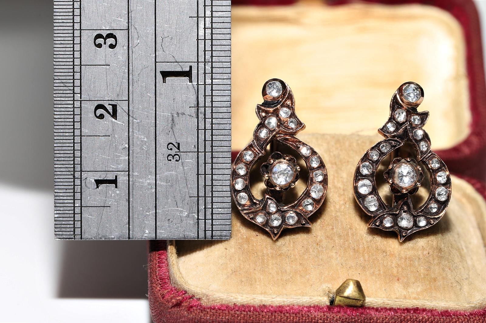 Women's Antique Circa 1900s Ottoman 8k Gold Natural Rose Cut Diamond Decorated Earring For Sale