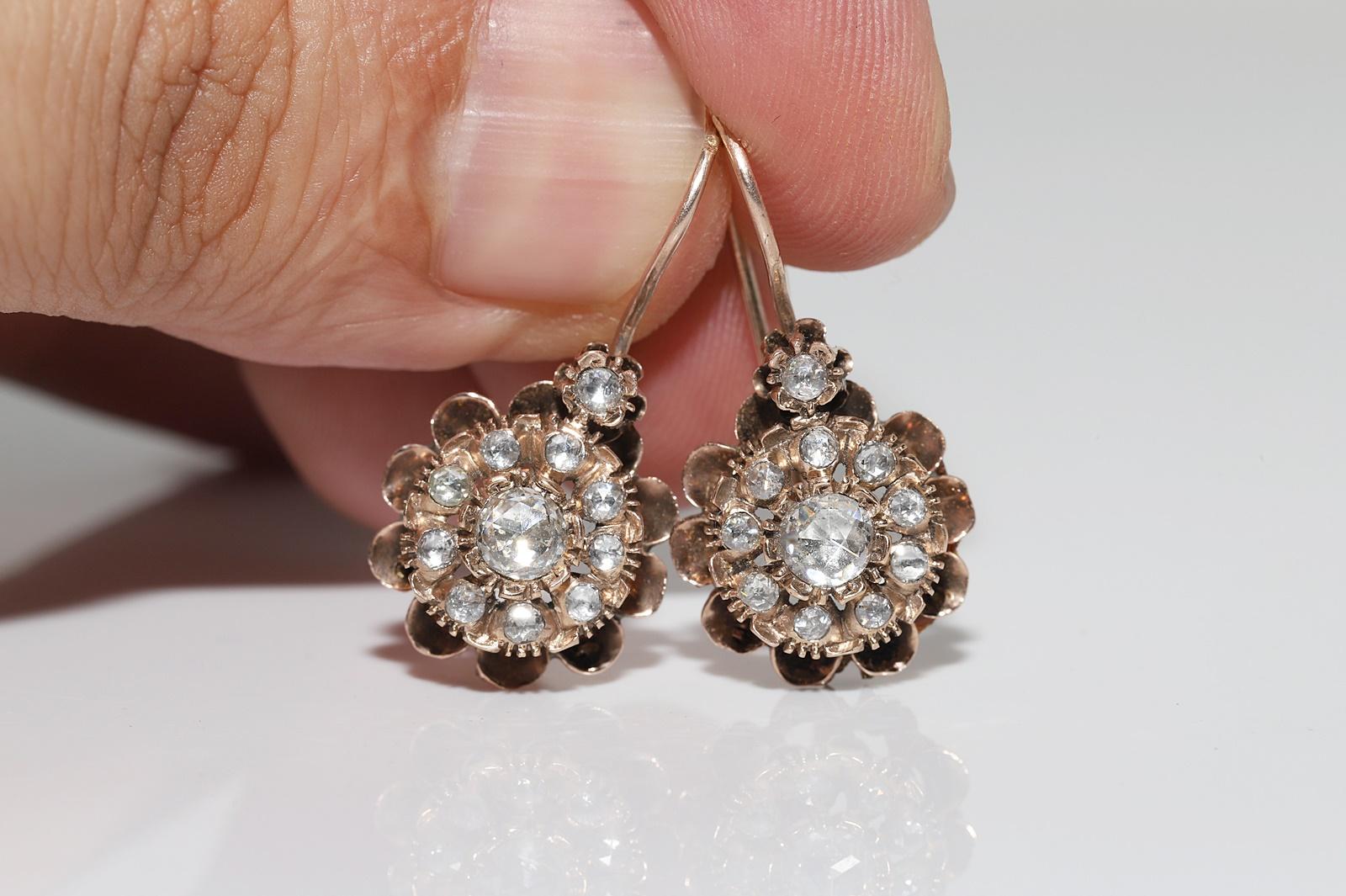 Antique Circa 1900s Ottoman 8k Gold Natural Rose Cut Diamond Decorated Earring For Sale 3