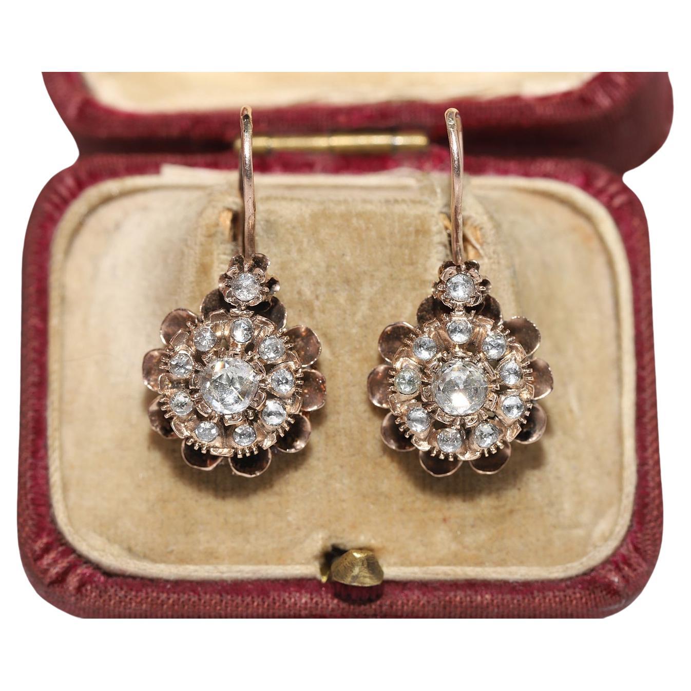 Antique Circa 1900s Ottoman 8k Gold Natural Rose Cut Diamond Decorated Earring For Sale