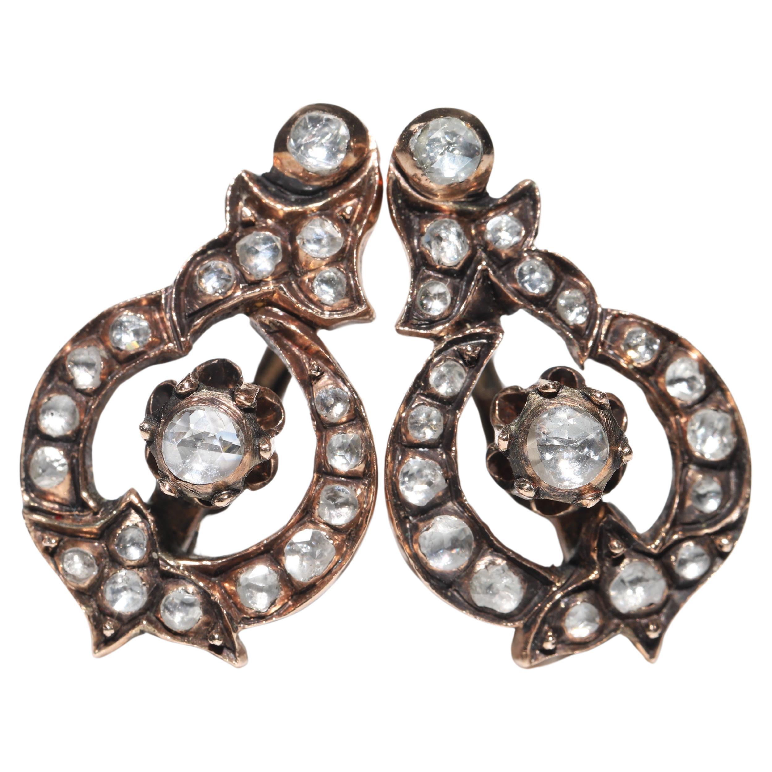 Antique Circa 1900s Ottoman 8k Gold Natural Rose Cut Diamond Decorated Earring