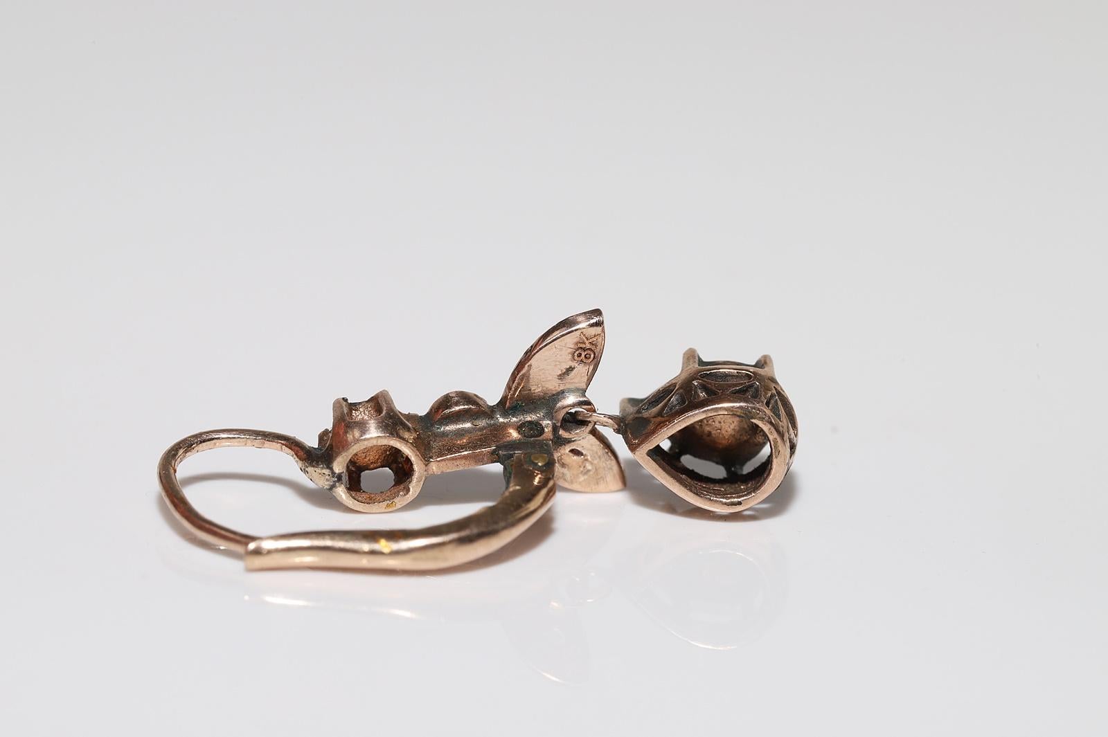 Antique Circa 1900s Ottoman 8k Gold Natural Rose Cut Diamond Drop Earring For Sale 5