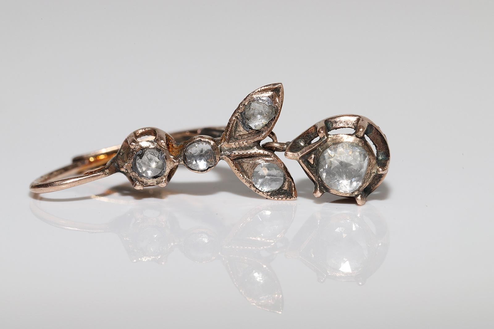 Antique Circa 1900s Ottoman 8k Gold Natural Rose Cut Diamond Drop Earring For Sale 6