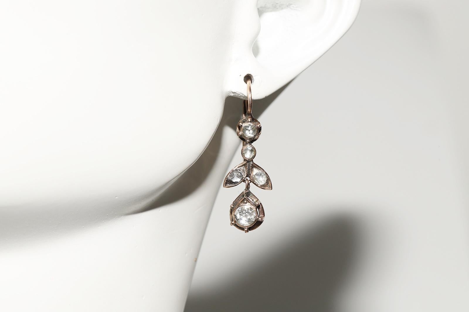 Antique Circa 1900s Ottoman 8k Gold Natural Rose Cut Diamond Drop Earring For Sale 7