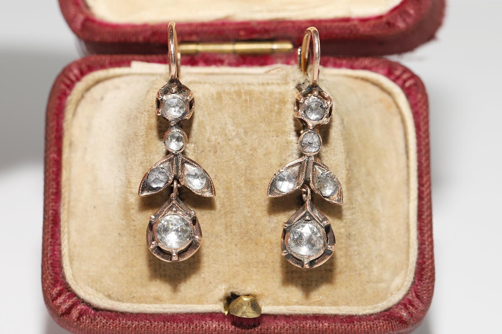 Victorian Antique Circa 1900s Ottoman 8k Gold Natural Rose Cut Diamond Drop Earring For Sale