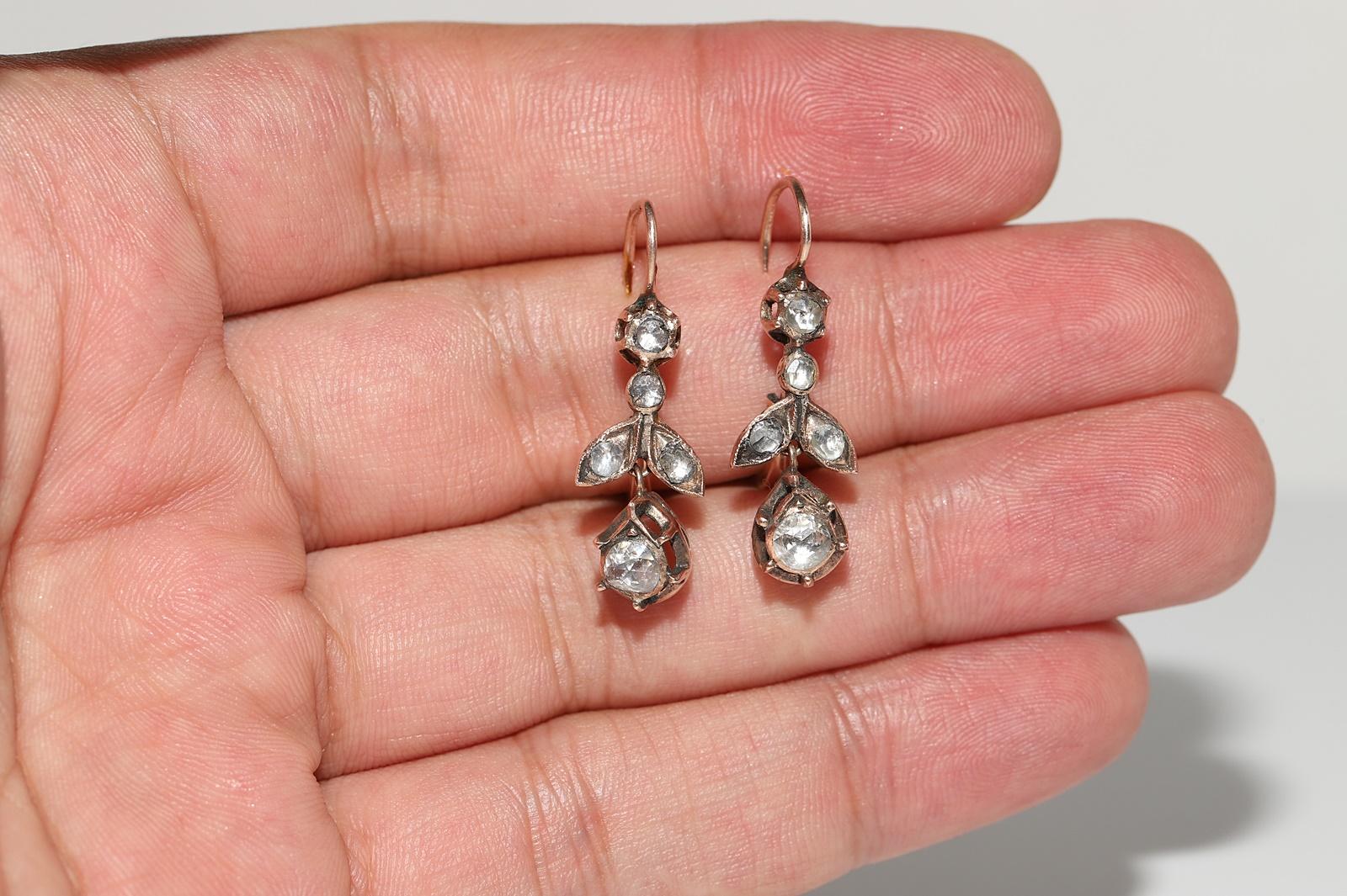 Women's Antique Circa 1900s Ottoman 8k Gold Natural Rose Cut Diamond Drop Earring For Sale