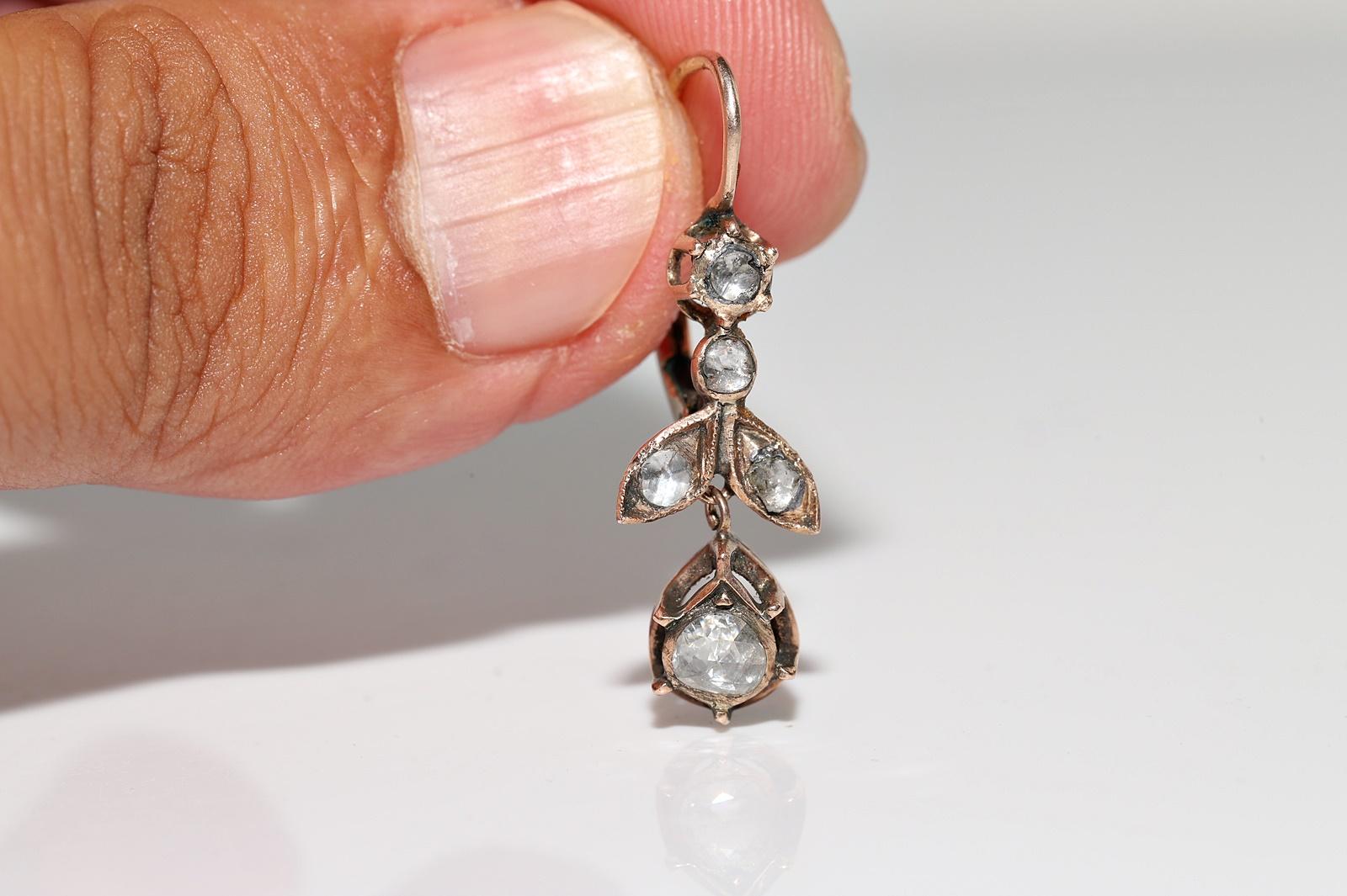 Antique Circa 1900s Ottoman 8k Gold Natural Rose Cut Diamond Drop Earring For Sale 1