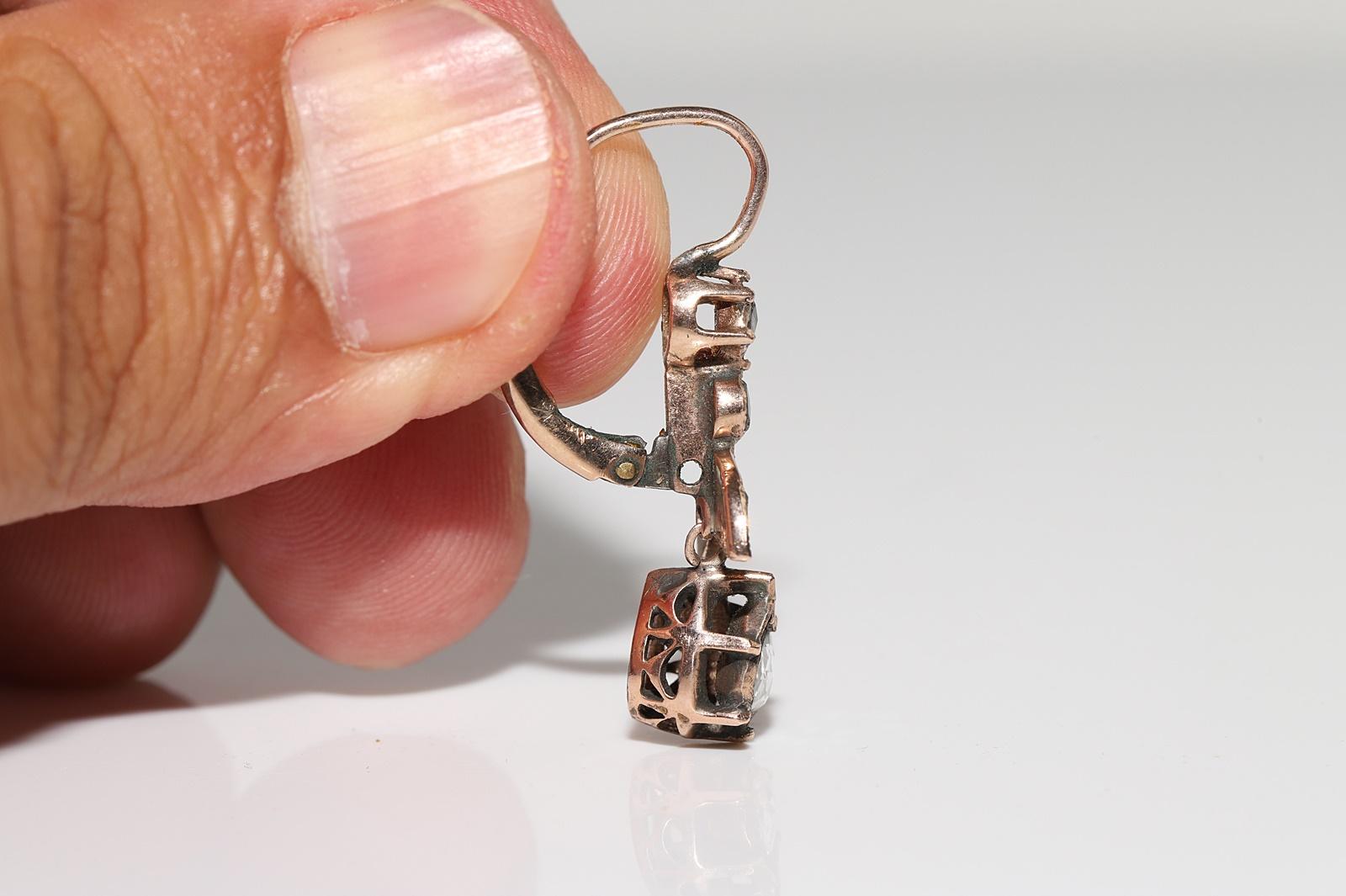 Antique Circa 1900s Ottoman 8k Gold Natural Rose Cut Diamond Drop Earring For Sale 2