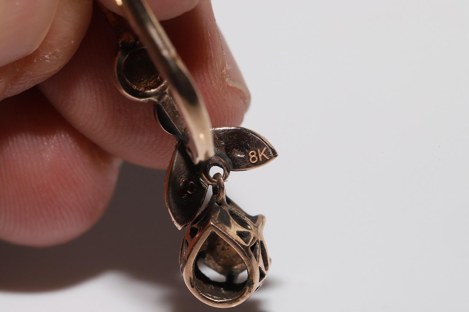 Antique Circa 1900s Ottoman 8k Gold Natural Rose Cut Diamond Drop Earring For Sale 4
