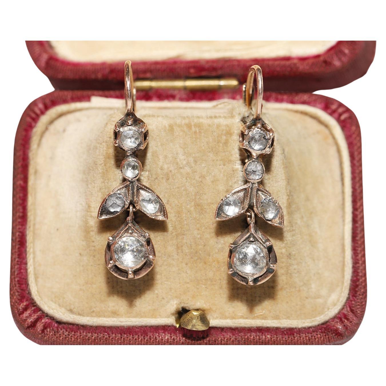 Antique Circa 1900s Ottoman 8k Gold Natural Rose Cut Diamond Drop Earring