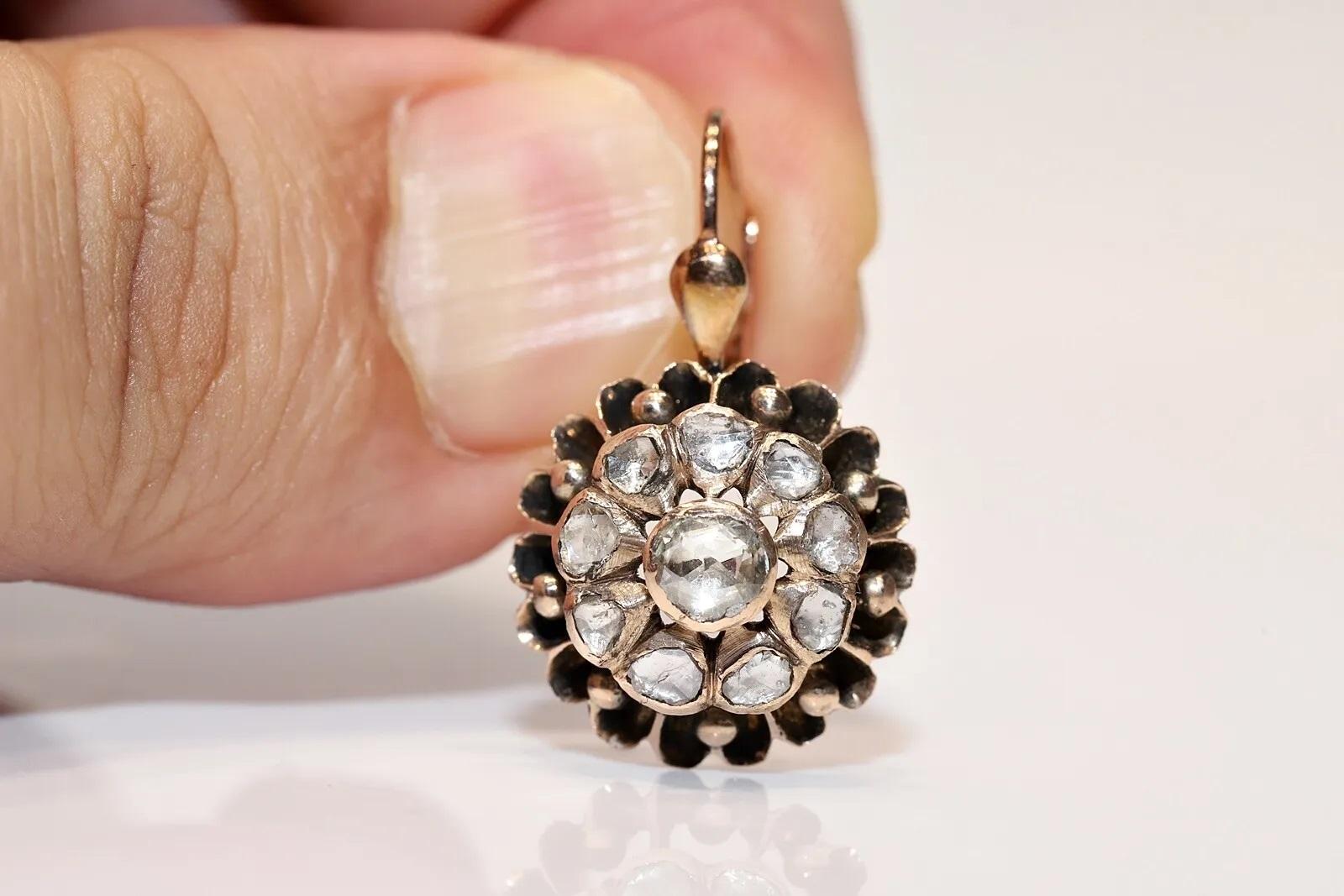 Boucles d'oreilles anciennes en or 8k Circa 1900, diamant naturel taillé en rose en vente 4