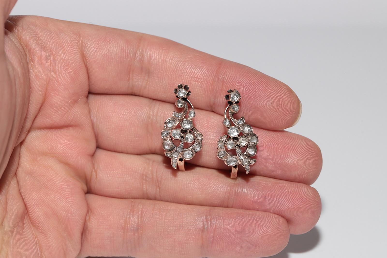 Boucles d'oreilles anciennes en or 8k Circa 1900, diamant naturel taillé en rose en vente 4