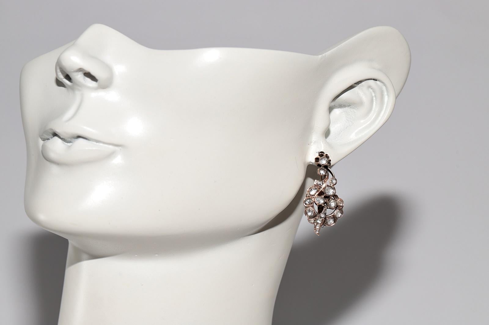 Boucles d'oreilles anciennes en or 8k Circa 1900, diamant naturel taillé en rose en vente 7
