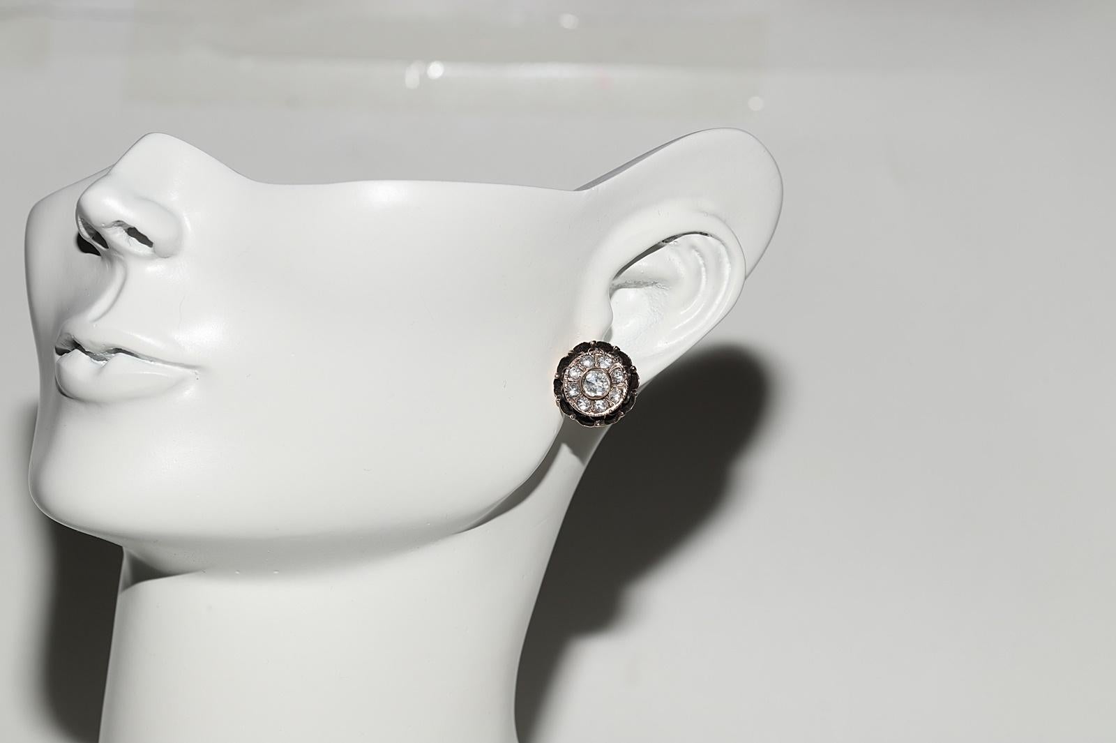 Boucles d'oreilles anciennes en or 8k Circa 1900, diamant naturel taillé en rose en vente 9