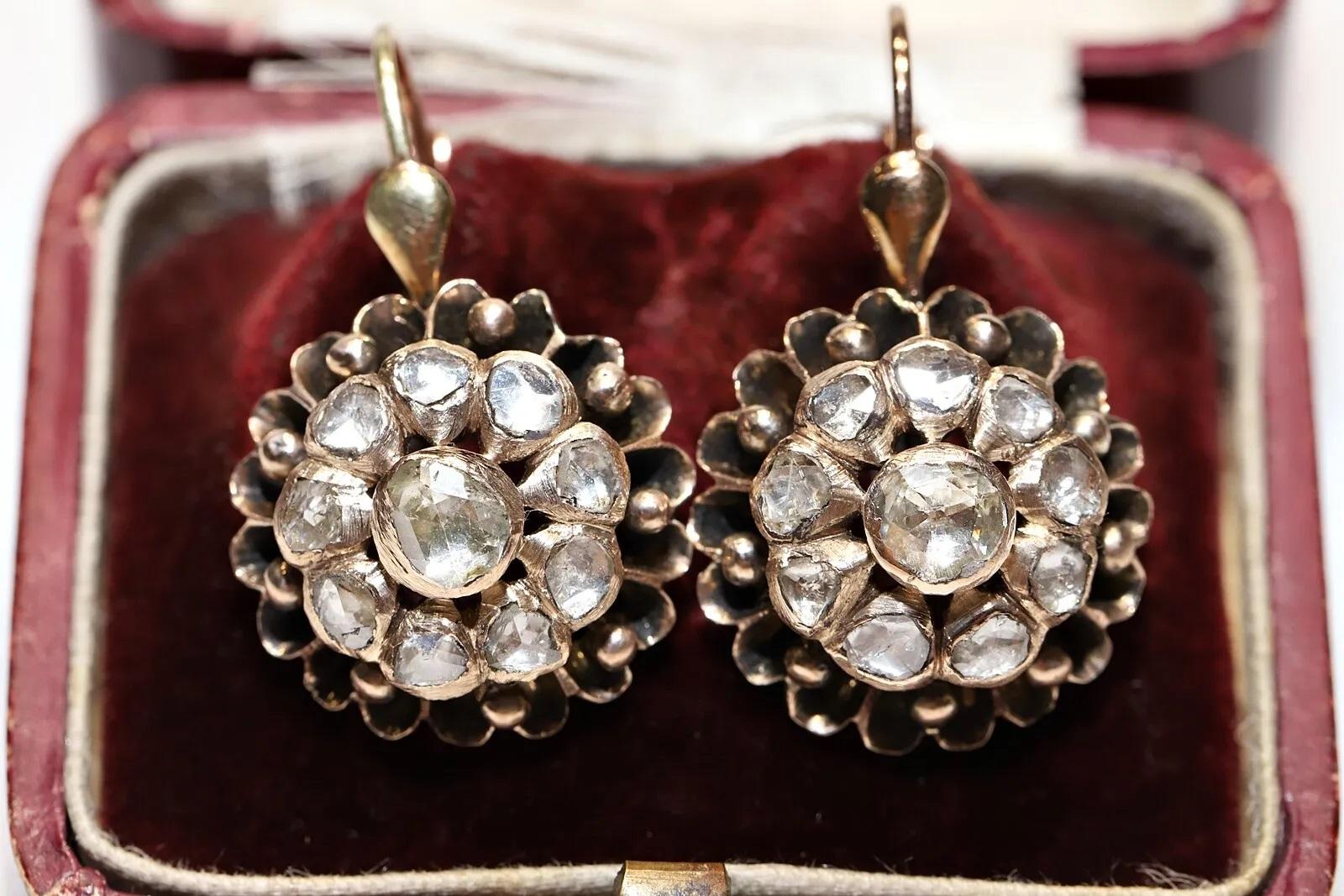 Victorien tardif Boucles d'oreilles anciennes en or 8k Circa 1900, diamant naturel taillé en rose en vente
