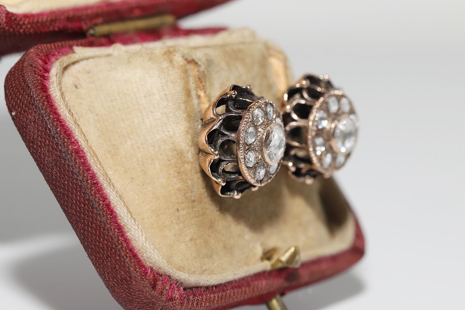 Victorian Antique Circa 1900s Ottoman 8k Gold Natural Rose Cut Diamond Earring For Sale