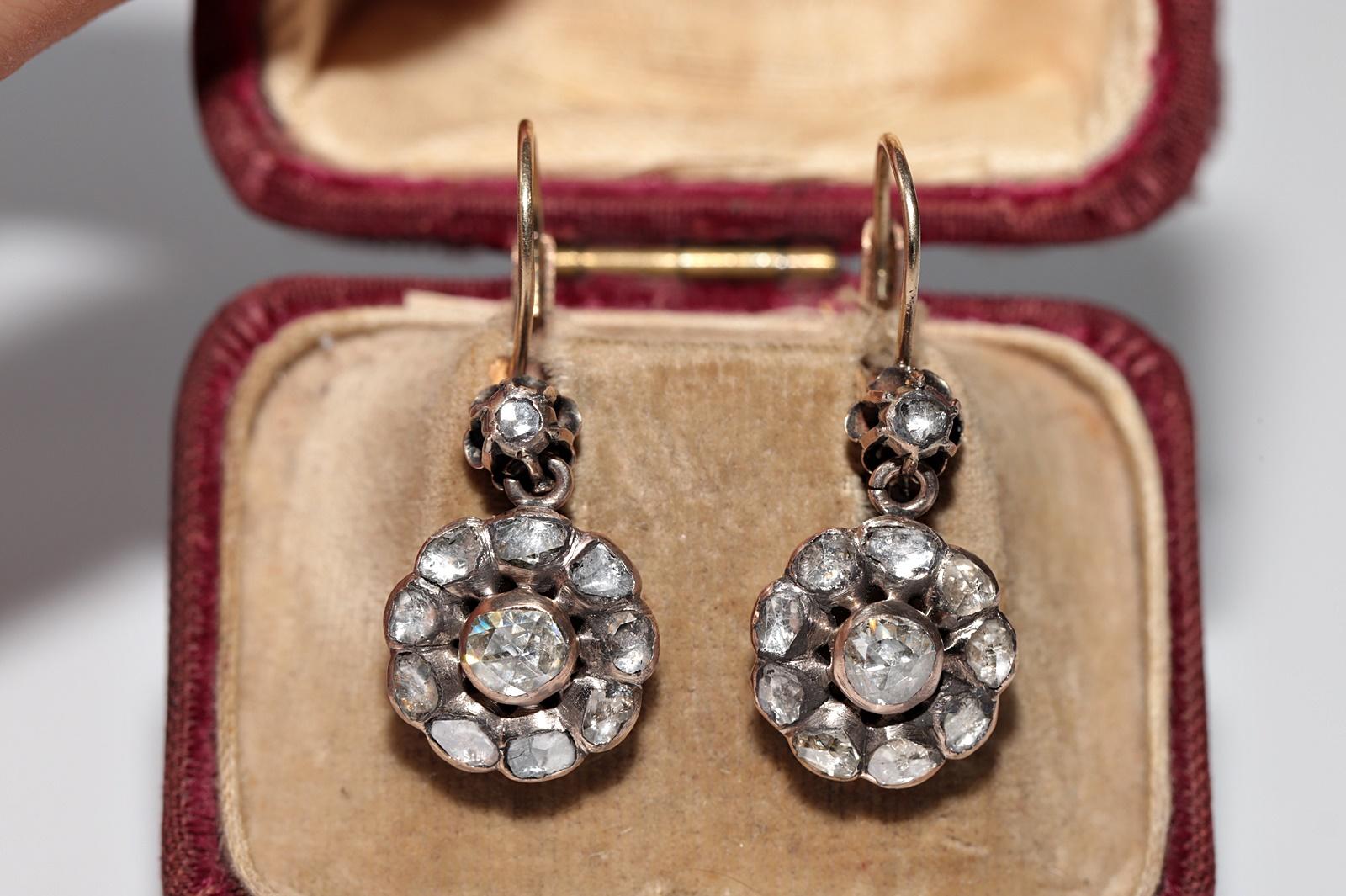 Victorian Antique Circa 1900s Ottoman  8k Gold Natural Rose Cut Diamond Earring For Sale