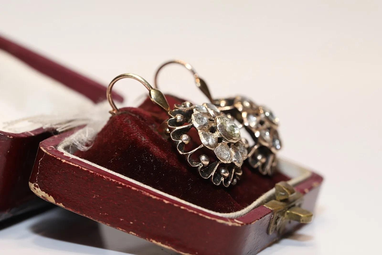 Taille rose Boucles d'oreilles anciennes en or 8k Circa 1900, diamant naturel taillé en rose en vente