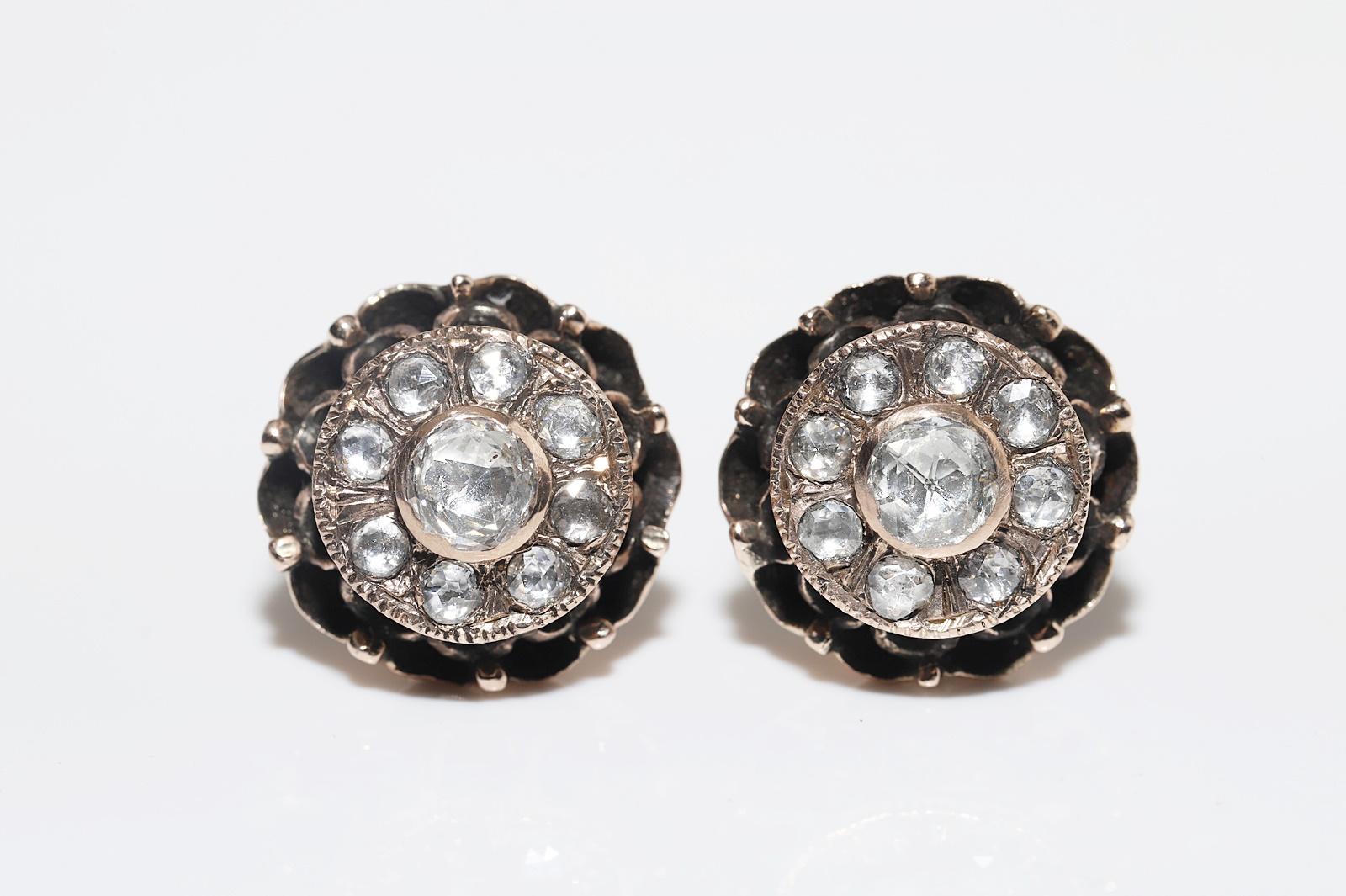 Taille rose Boucles d'oreilles anciennes en or 8k Circa 1900, diamant naturel taillé en rose en vente