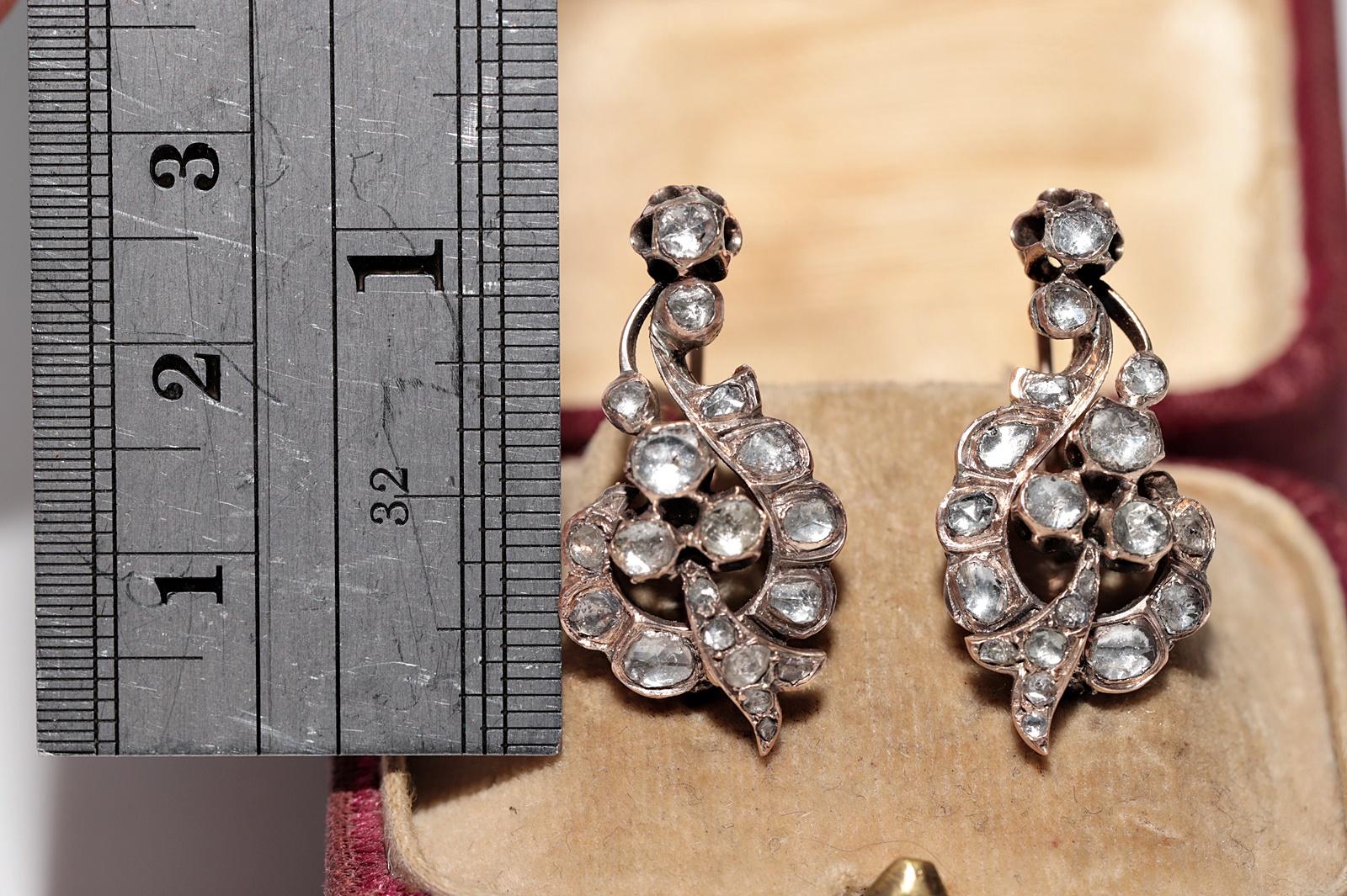 Taille rose Boucles d'oreilles anciennes en or 8k Circa 1900, diamant naturel taillé en rose en vente