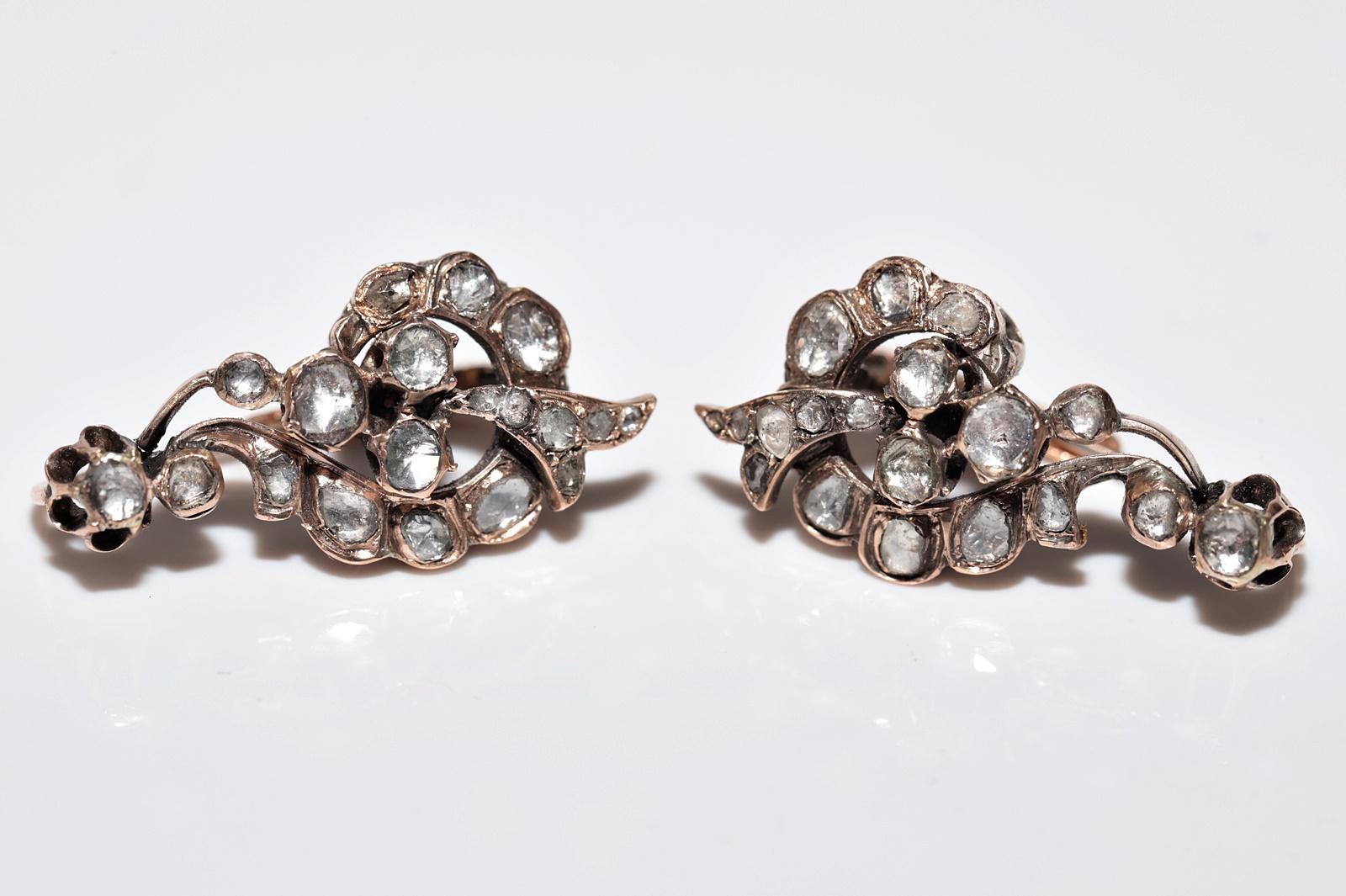 Boucles d'oreilles anciennes en or 8k Circa 1900, diamant naturel taillé en rose Bon état - En vente à Fatih/İstanbul, 34