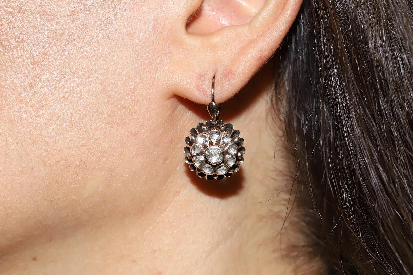 Boucles d'oreilles anciennes en or 8k Circa 1900, diamant naturel taillé en rose en vente 3