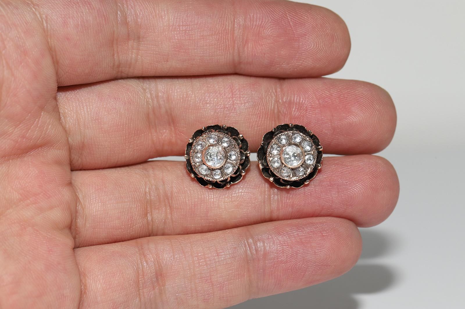Boucles d'oreilles anciennes en or 8k Circa 1900, diamant naturel taillé en rose en vente 3