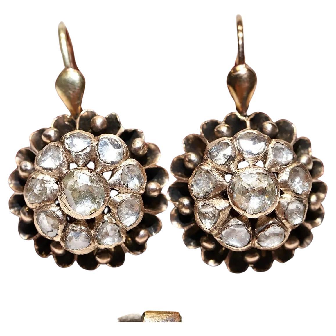 Boucles d'oreilles anciennes en or 8k Circa 1900, diamant naturel taillé en rose en vente