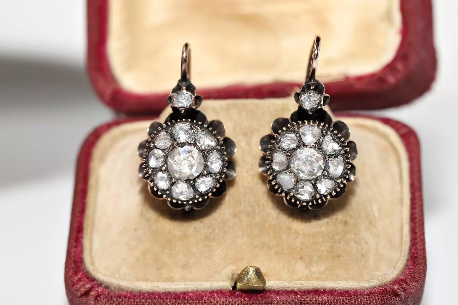 Antique Circa 1900s Ottoman 8k Gold Natural Rose Cut Diamond Rose Earring Victoriano en venta