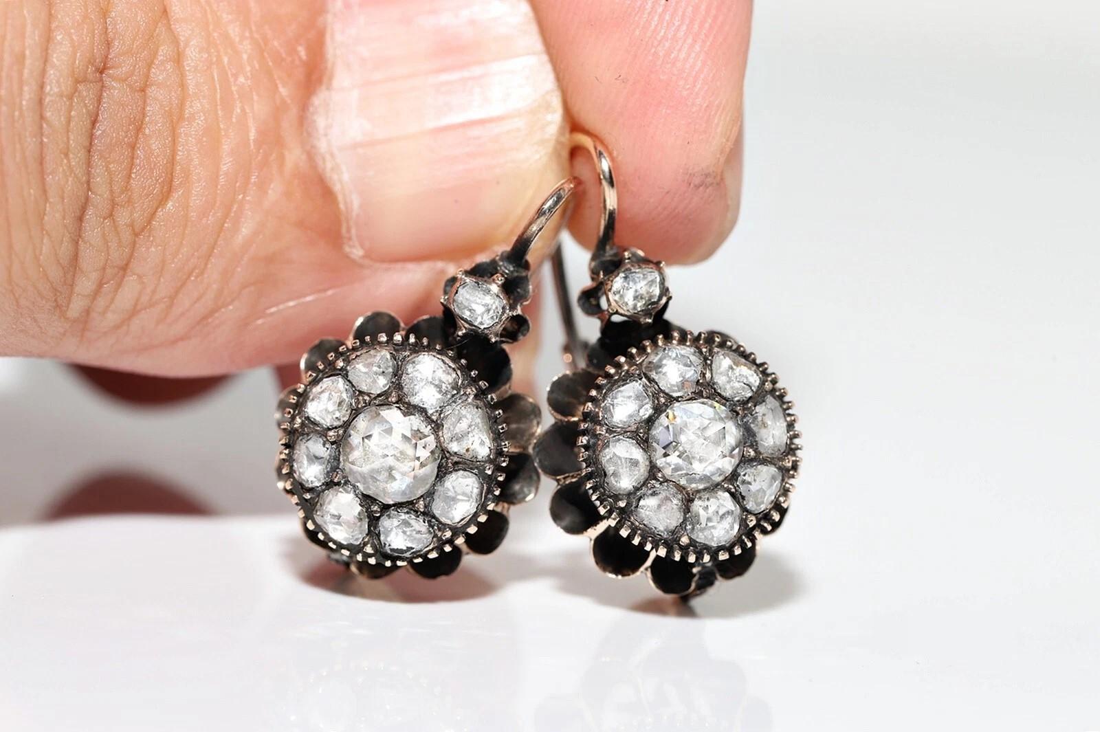 Antique Circa 1900s Ottoman 8k Gold Natural Rose Cut Diamond Rose Earring en Bueno estado para la venta en Fatih/İstanbul, 34