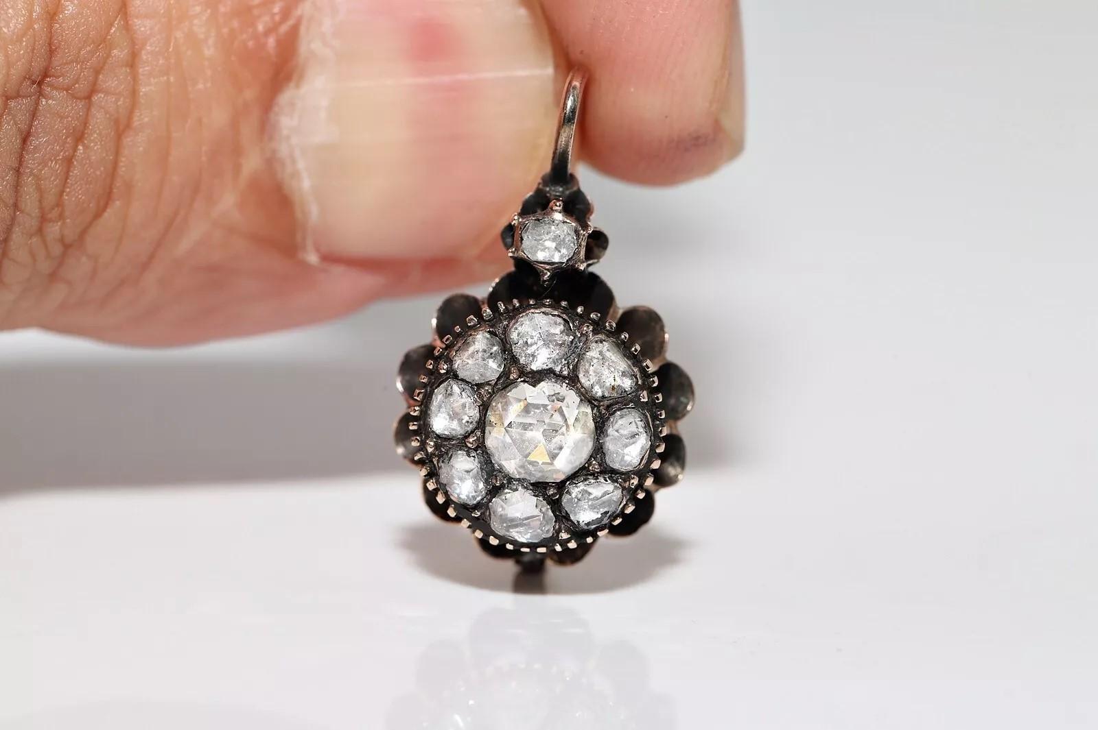 Antique Circa 1900s Ottoman 8k Gold Natural Rose Cut Diamond Rose Earring en venta 2