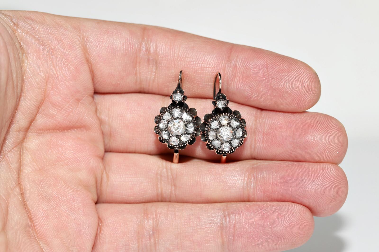 Antique Circa 1900s Ottoman  8k Natural Rose Cut Diamond Decorated Earring For Sale 5