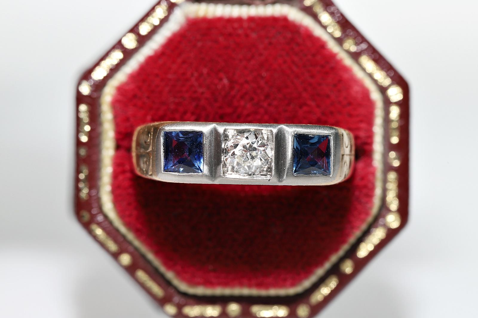 Antiker viktorianischer Ring aus 14 Karat Gold mit natürlichem Diamant und Saphir, um 1900 im Zustand „Gut“ im Angebot in Fatih/İstanbul, 34