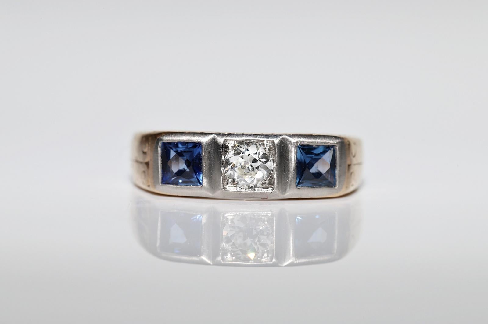 Antiker viktorianischer Ring aus 14 Karat Gold mit natürlichem Diamant und Saphir, um 1900 Damen im Angebot