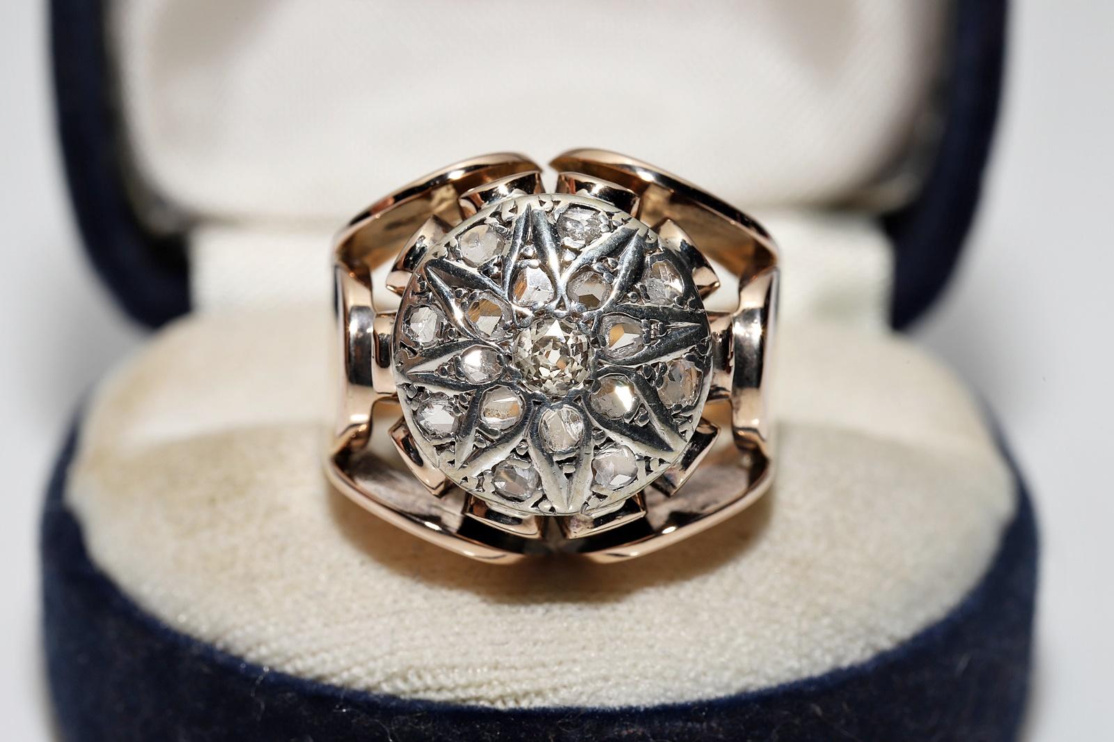 In very good condition.
Total weight 8.1 grams.
Totally is main brilliant cut diamond 0.10 ct.
Totally is side rose cut diamond 0.35 ct.
The diamond is has H-I color and s1-s2-s3 clarity.
Ring size is US 6.5 (We offer free resizing)
We can make any