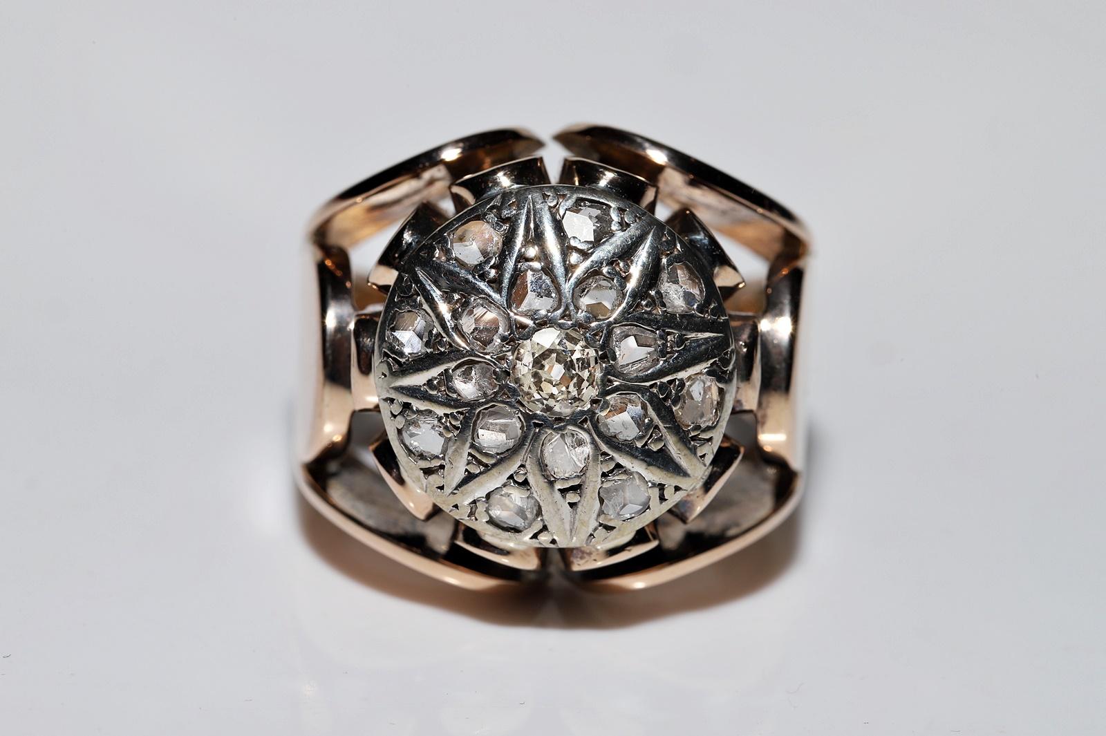 Rose Cut Antique Circa 1900s Victorian  14k Gold Top Silver Natural Diamond  Strong Ring  For Sale