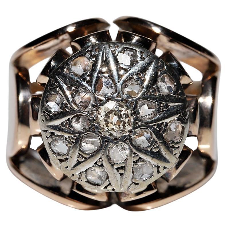 Antique Circa 1900s Victorian  14k Gold Top Silver Natural Diamond  Strong Ring