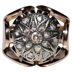 Antique Circa 1900s Victorian  14k Gold Top Silver Natural Diamond  Strong Ring