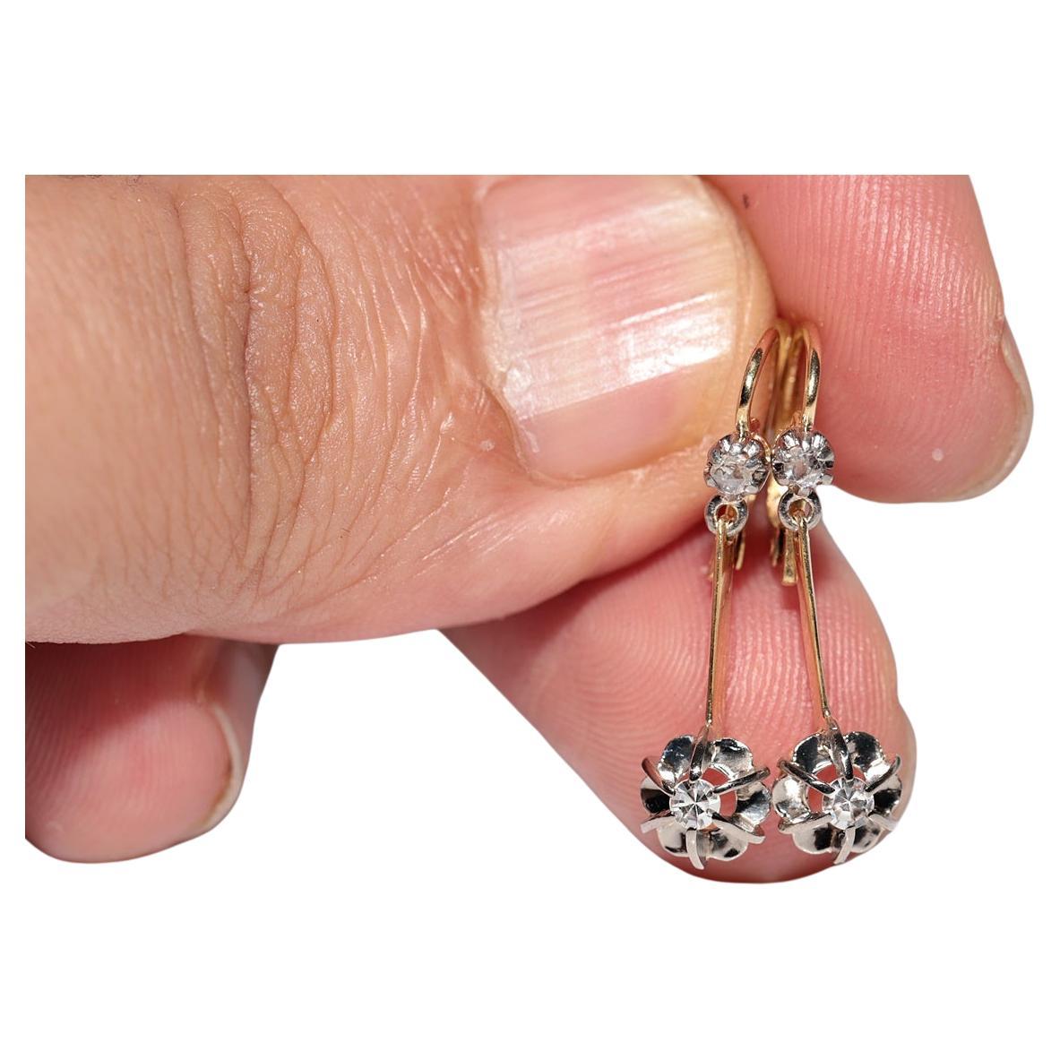 Antique Circa 1900s Victorian 18k Gold Natural Diamond Decorated Drop Earring