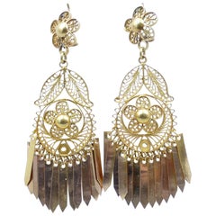 Antique, circa 1910, 17 Carat Yellow Gold Fancy Cut Tassel Drop Earrings