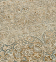 Antique Circa-1910 Blue and Camel-Brown Wool Floral Persian Kerman Rug