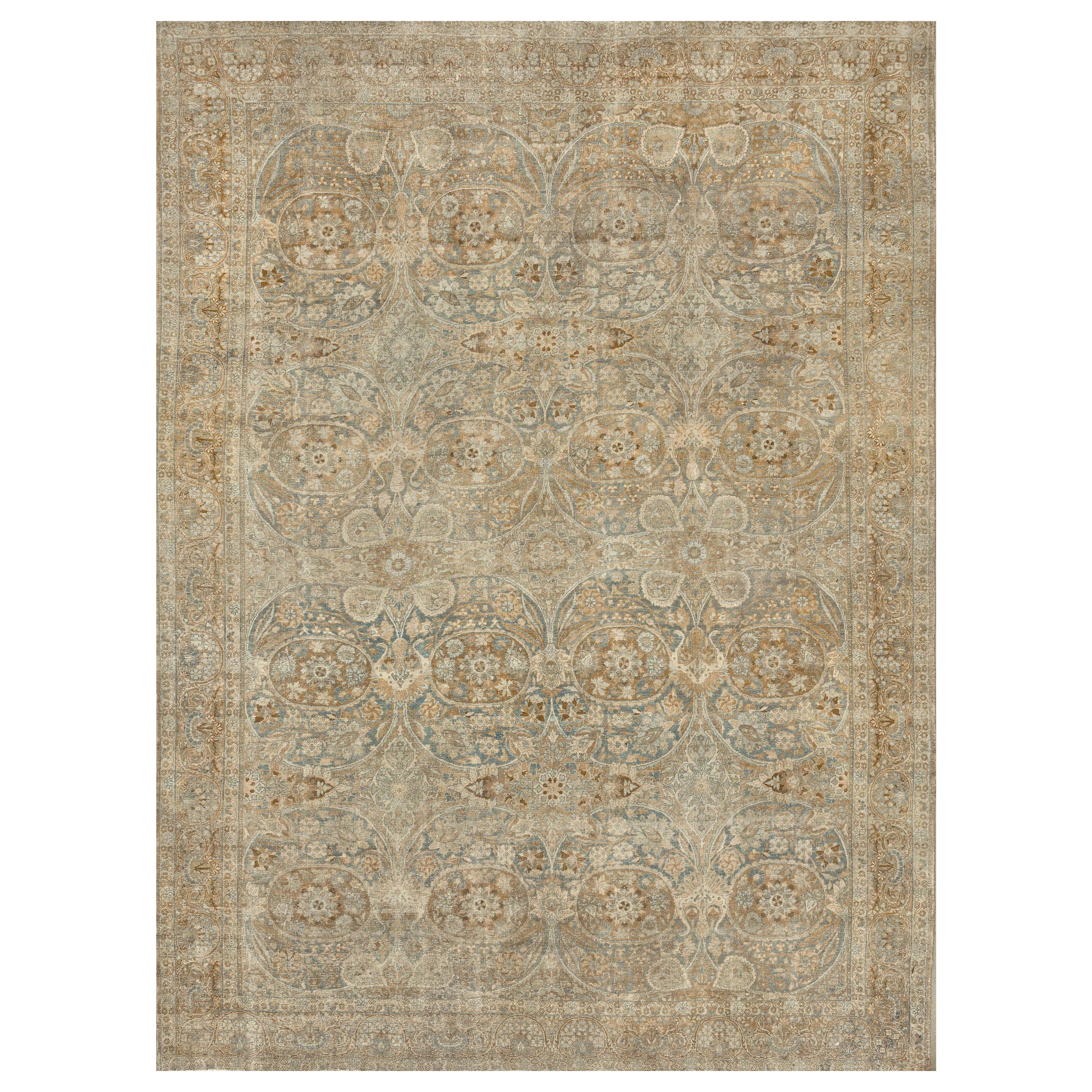 Antique Circa-1910 Blue and Camel-Brown Wool Floral Persian Kerman Rug