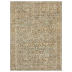 Antique Circa-1910 Blue and Camel-Brown Wool Floral Persian Kerman Rug