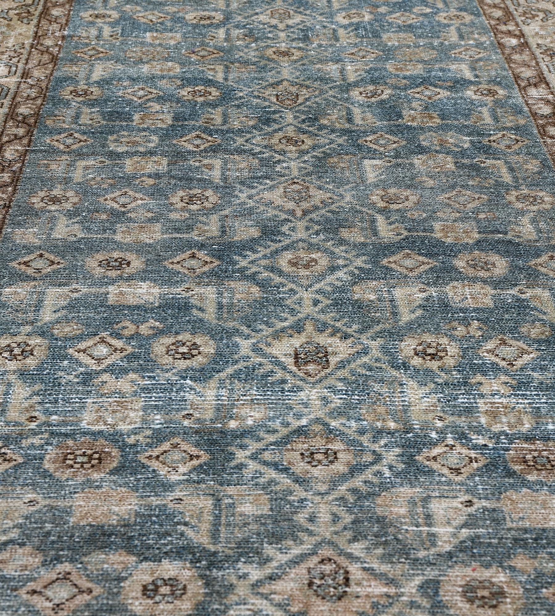Hand-Knotted Antique, Circa-1910, Blue Wool Persian Malayer Runner For Sale