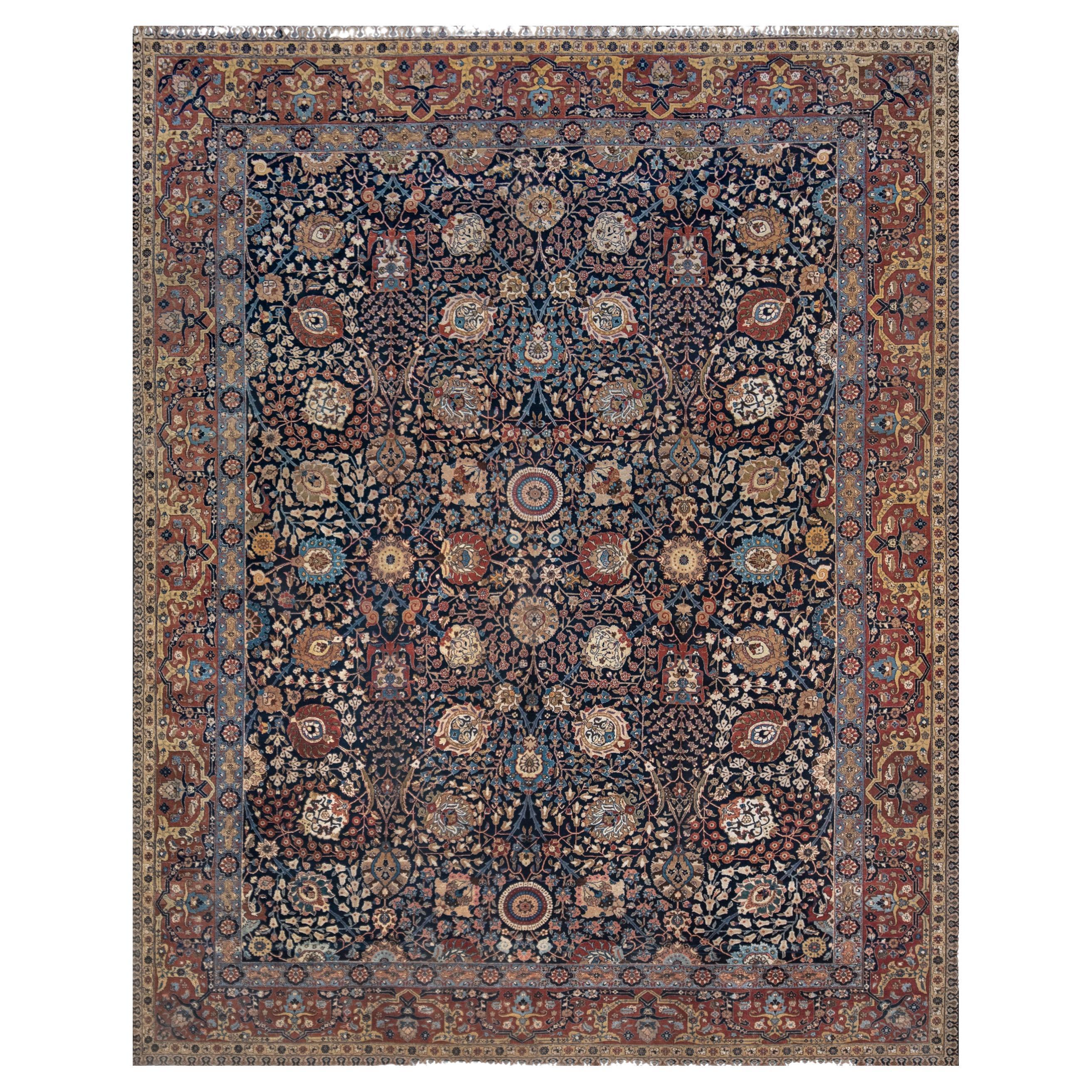 Antiker handgeknüpfter, geblümter, authentischer, persischer Täbris-Teppich aus Wolle, um 1910