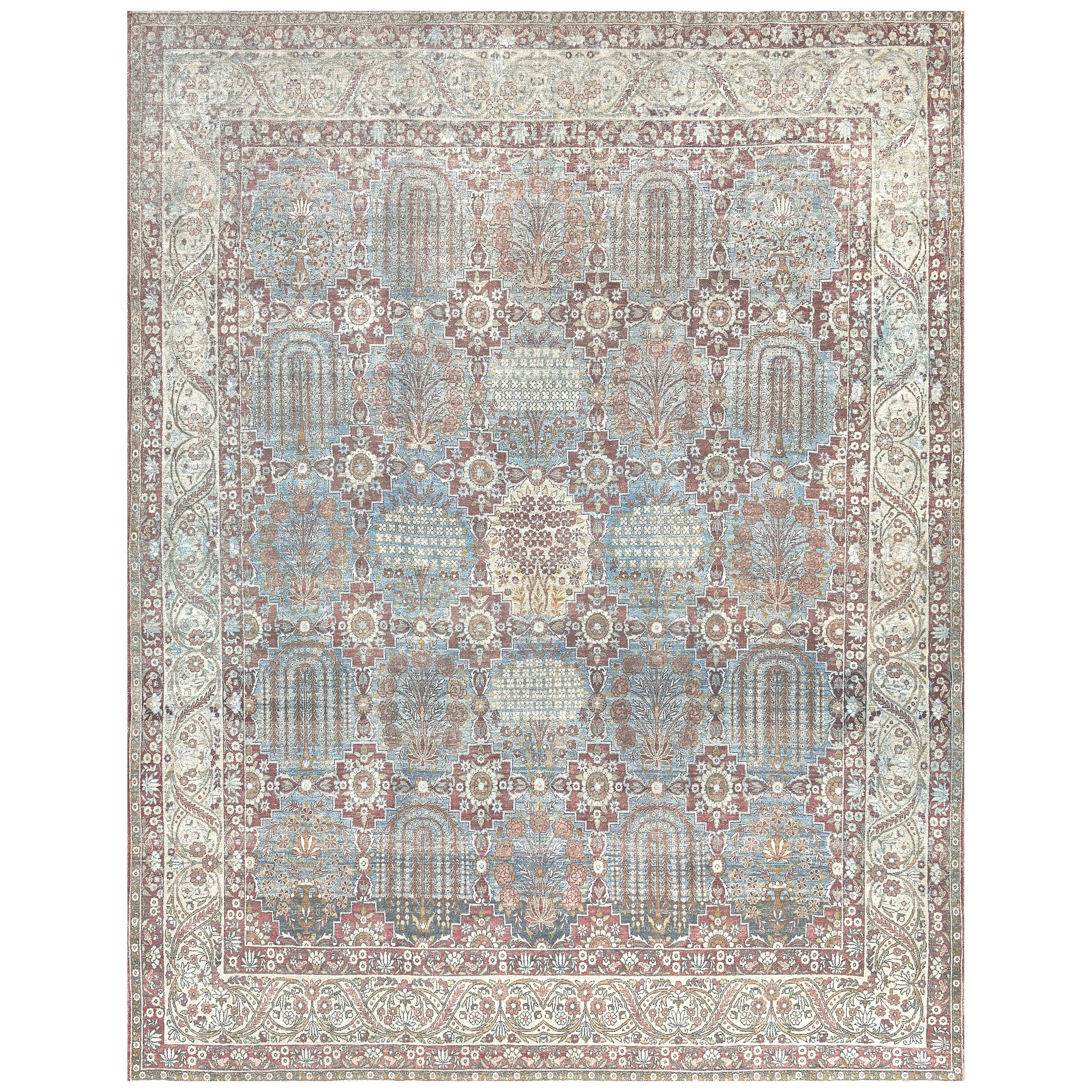 Antique Circa-1910 Light-Blue and Ivory Wool Floral Persian Kerman Rug