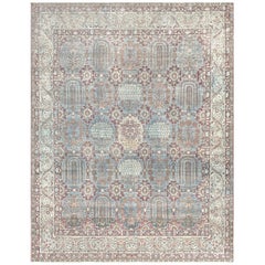 Antique Circa-1910 Light-Blue and Ivory Wool Floral Persian Kerman Rug